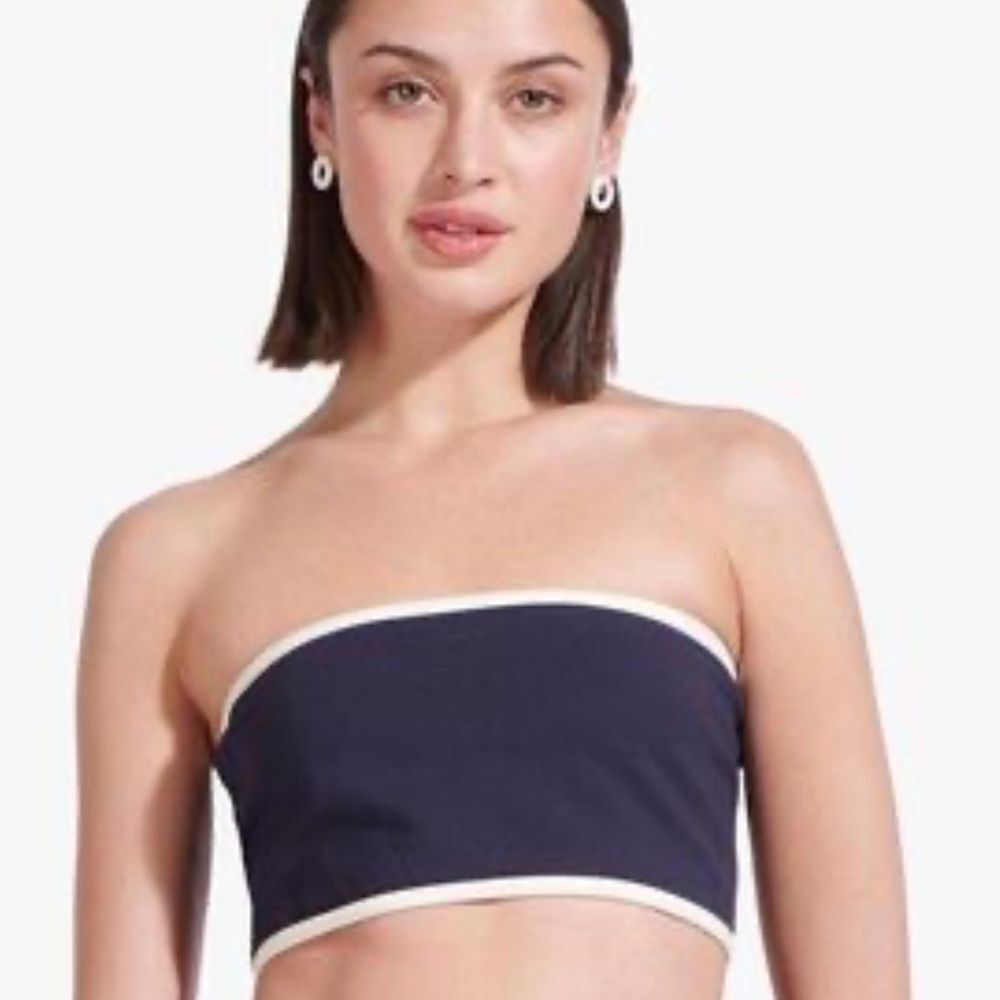 STAUD Navy Blue breaker Strapless Crop Top